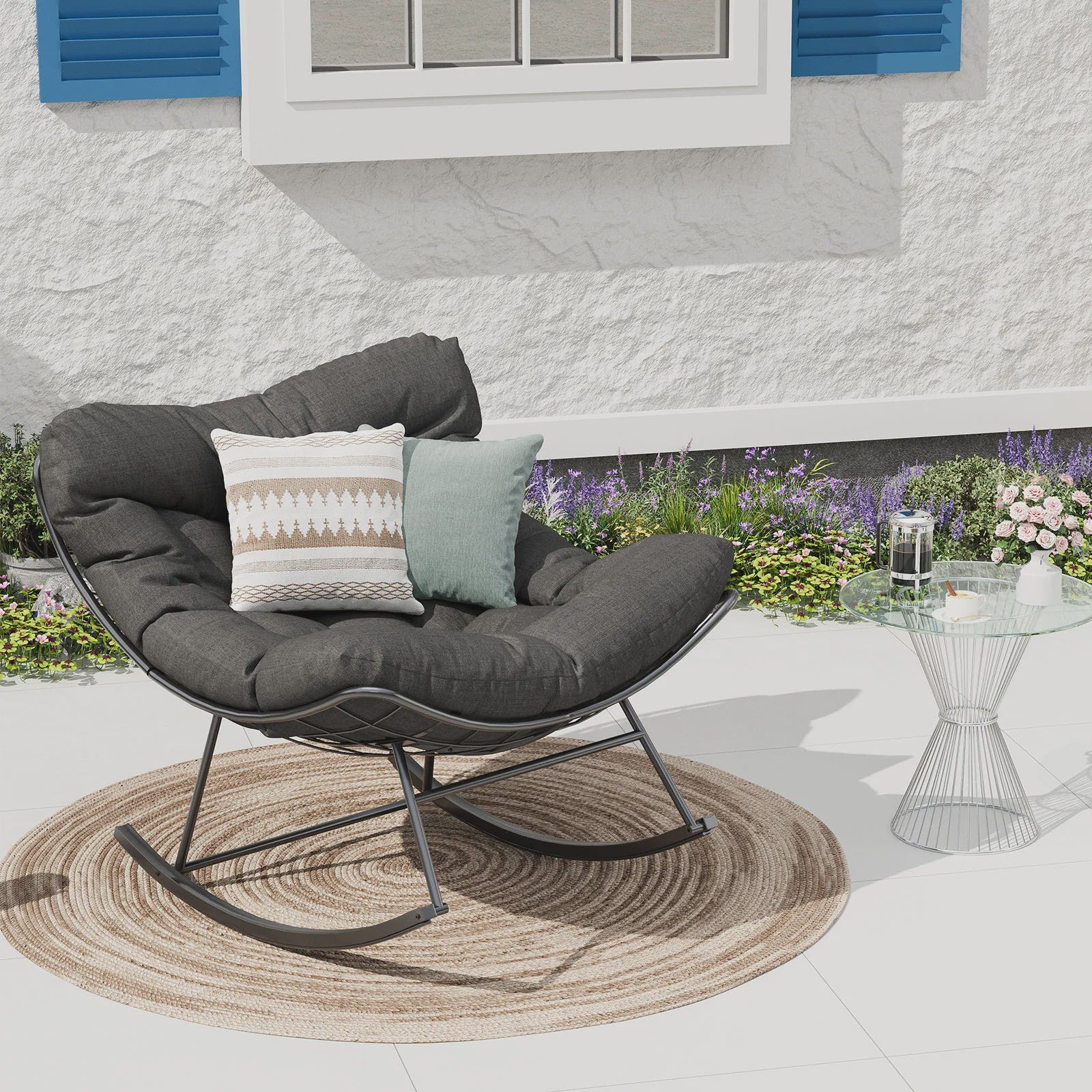 Oversized Papasan Schommelstoel Buiten - Comfortabele Lounge Stoel met Voetenbank