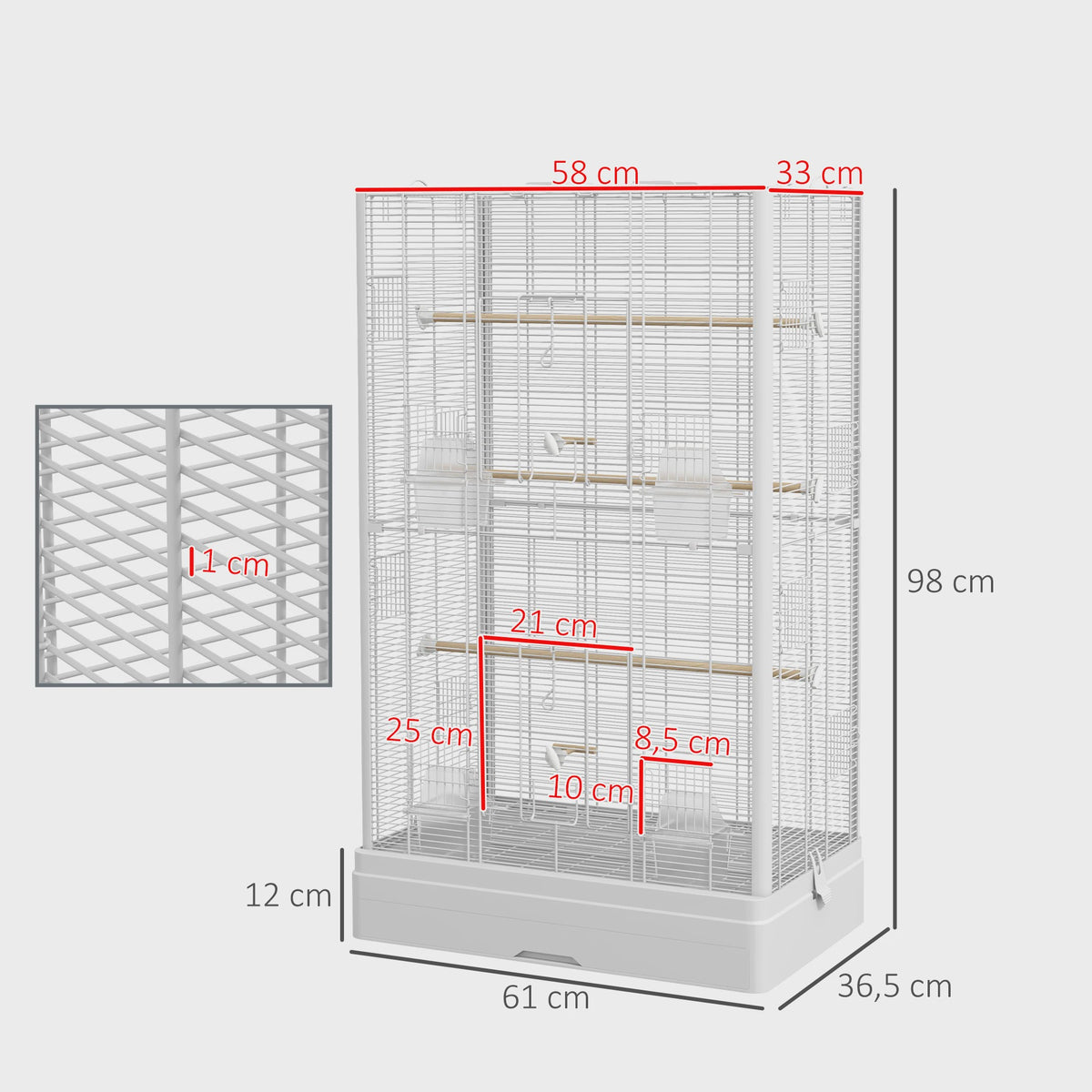 Pawhut Vogelkooi 61x36.5x98 cm met Deuren, Zitstokken en Uitschuifbare Lade