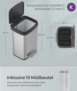 50L Metalen Pedaalemmer met Deksel en Geurfilter - SONGMICS