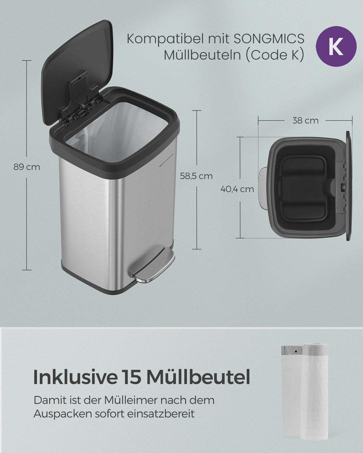 50L Metalen Pedaalemmer met Deksel en Geurfilter - SONGMICS