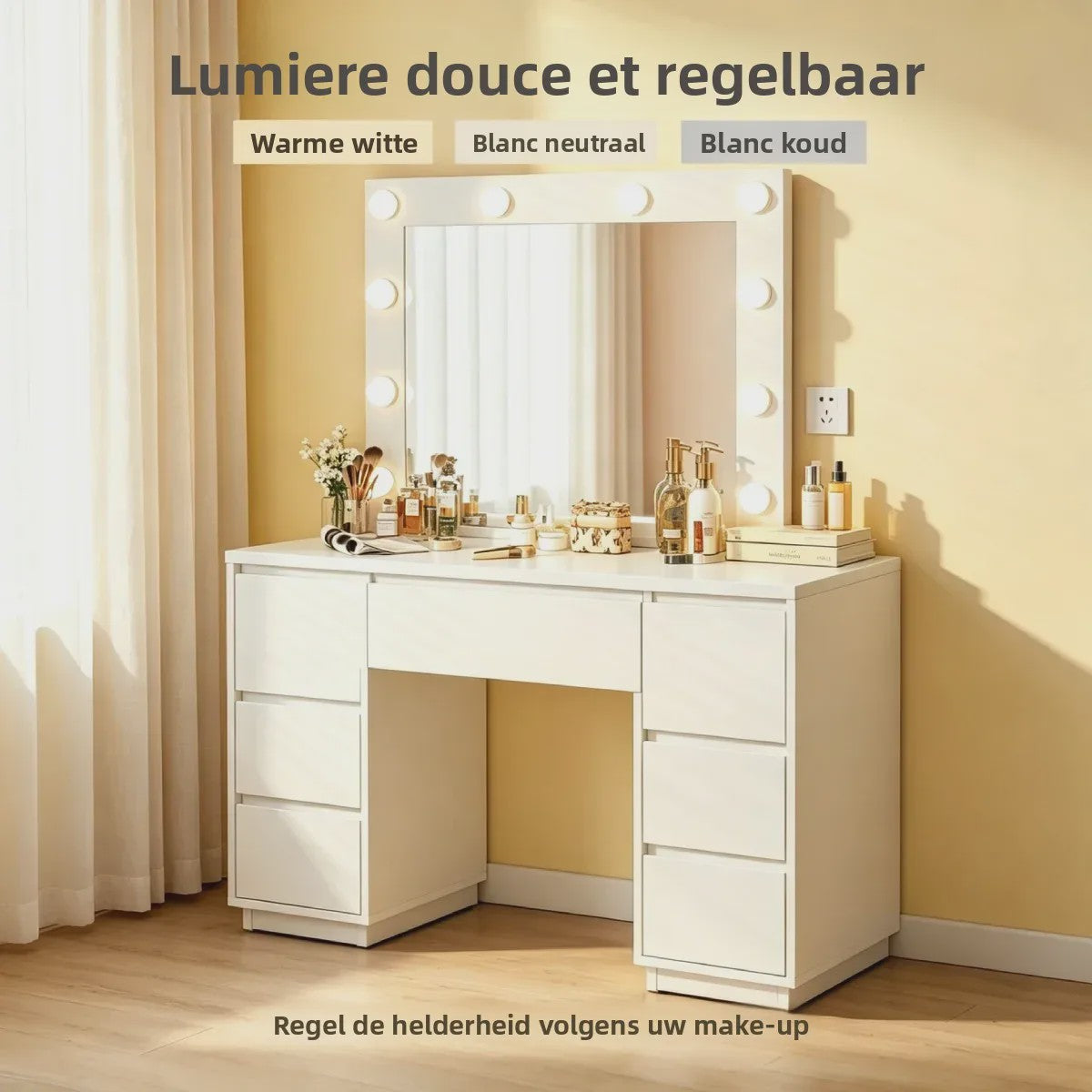 Kaptafel met Grote Spiegel, Verstelbare LED Verlichting en Ingebouwde USB/Stopcontacten - Veel Opbergruimte