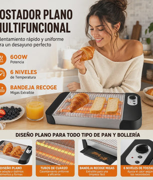 Multifunctionele Platte Broodrooster 600W met 6 Toastniveaus, Kwartslampen en Kruimellade - Ideaal voor Brood & Gebak