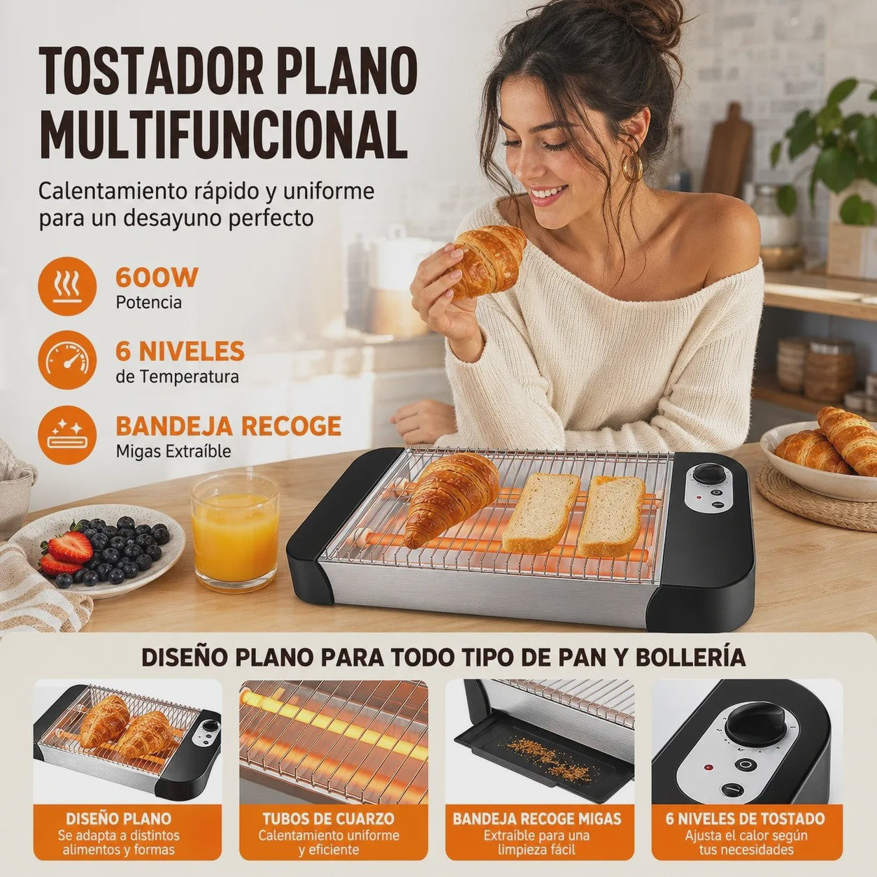 Multifunctionele Platte Broodrooster 600W met 6 Toastniveaus, Kwartslampen en Kruimellade - Ideaal voor Brood & Gebak