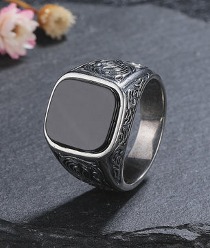 Heren Ring Zwart Onyx Vierkant 12x14mm Vintage Sterling Zilver - Stoere Gothic Statement Ring