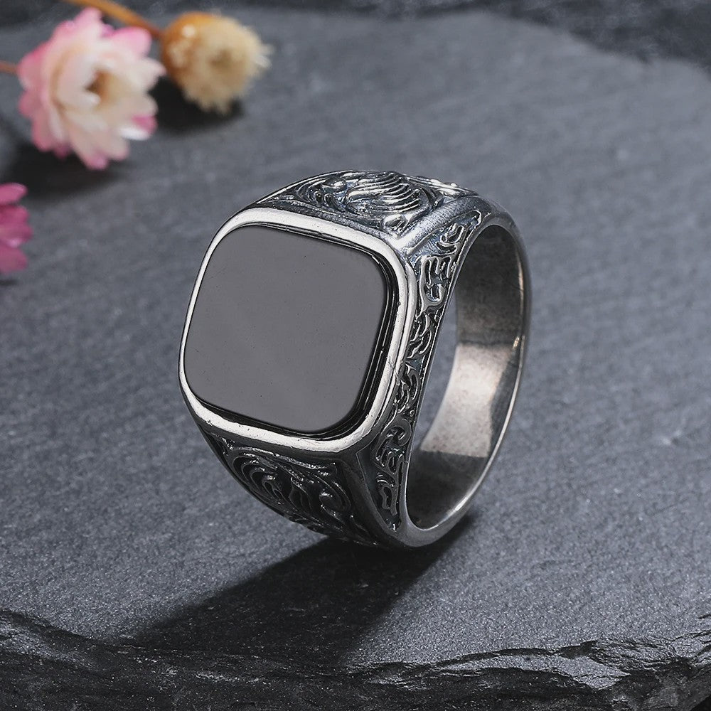 Heren Ring Zwart Onyx Vierkant 12x14mm Vintage Sterling Zilver - Stoere Gothic Statement Ring
