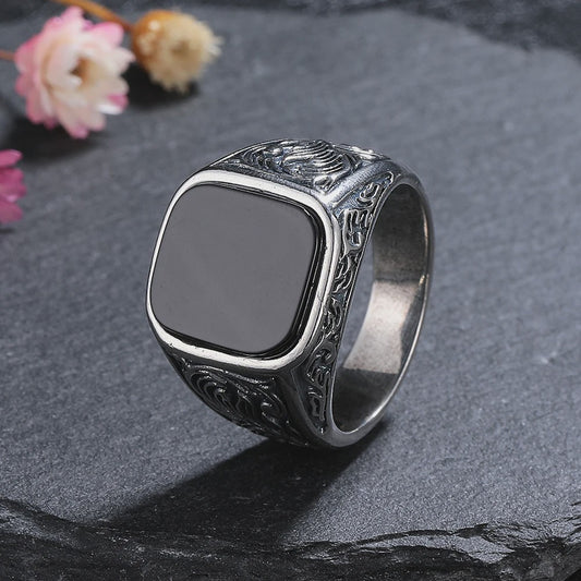 Heren Ring Zwart Onyx Vierkant 12x14mm Vintage Sterling Zilver - Stoere Gothic Statement Ring