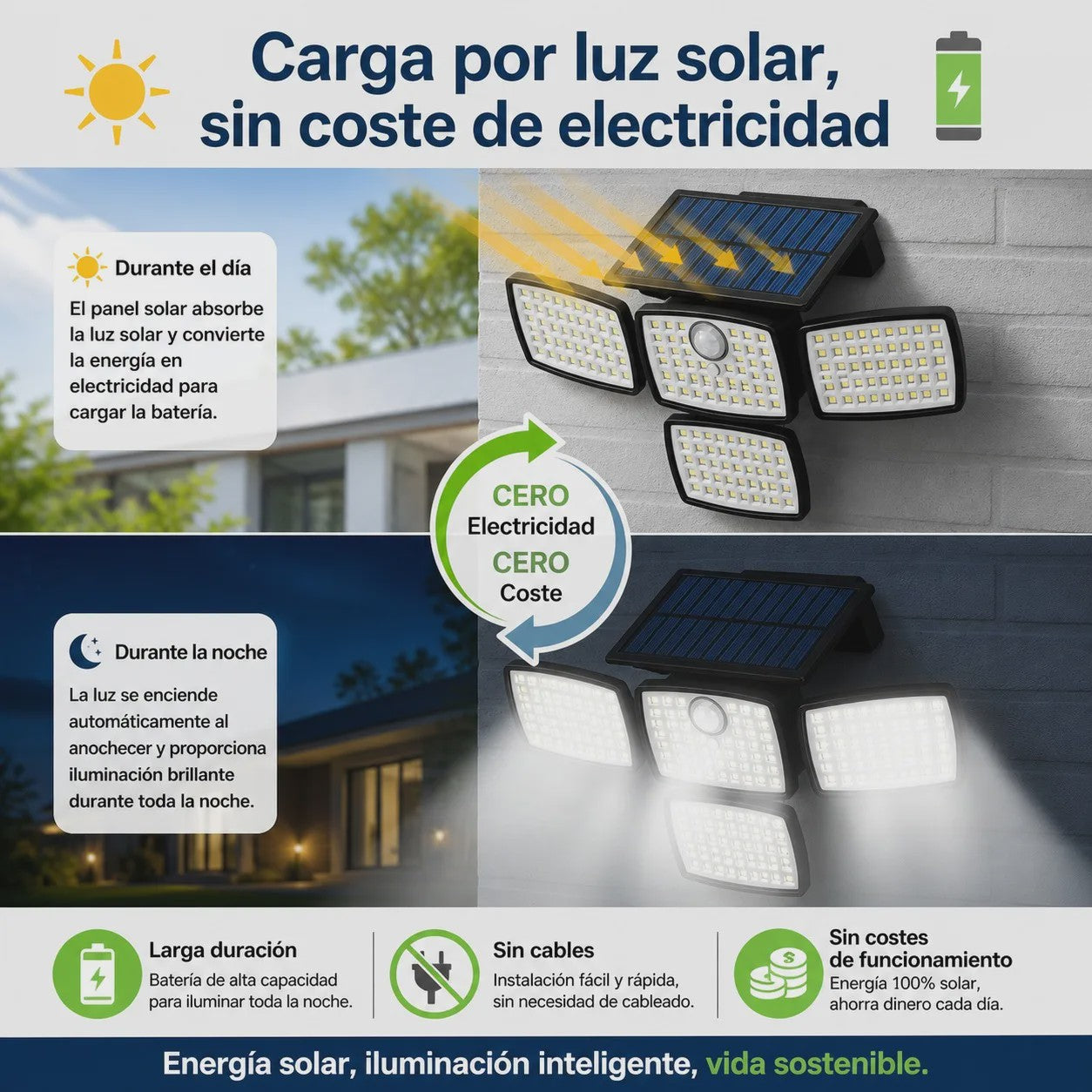 Solar LED Buitenlamp met Bewegingssensor - 4 Verstelbare Koppen, IP65 Waterdicht