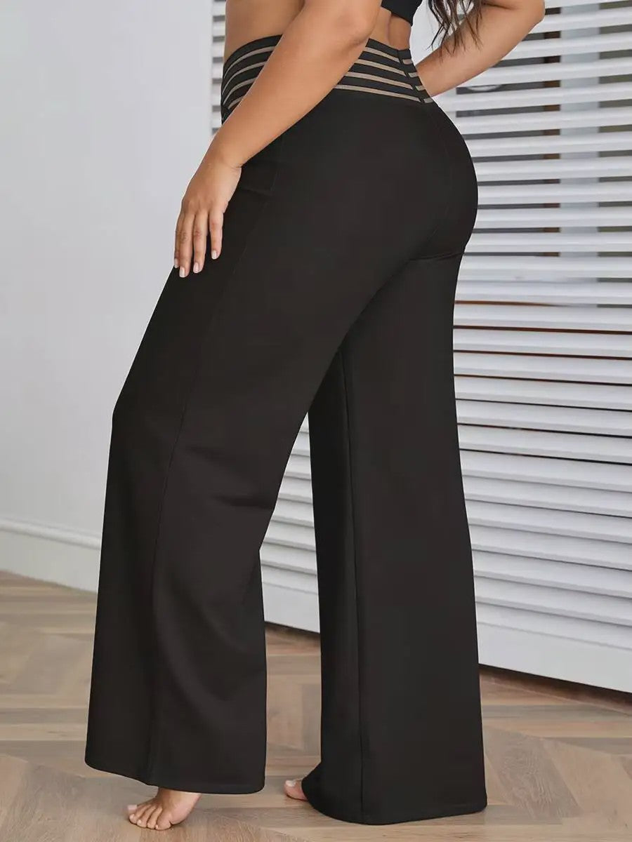 Plus Size Elegante Palazzo Broek met Crisscross Mesh Tailleband