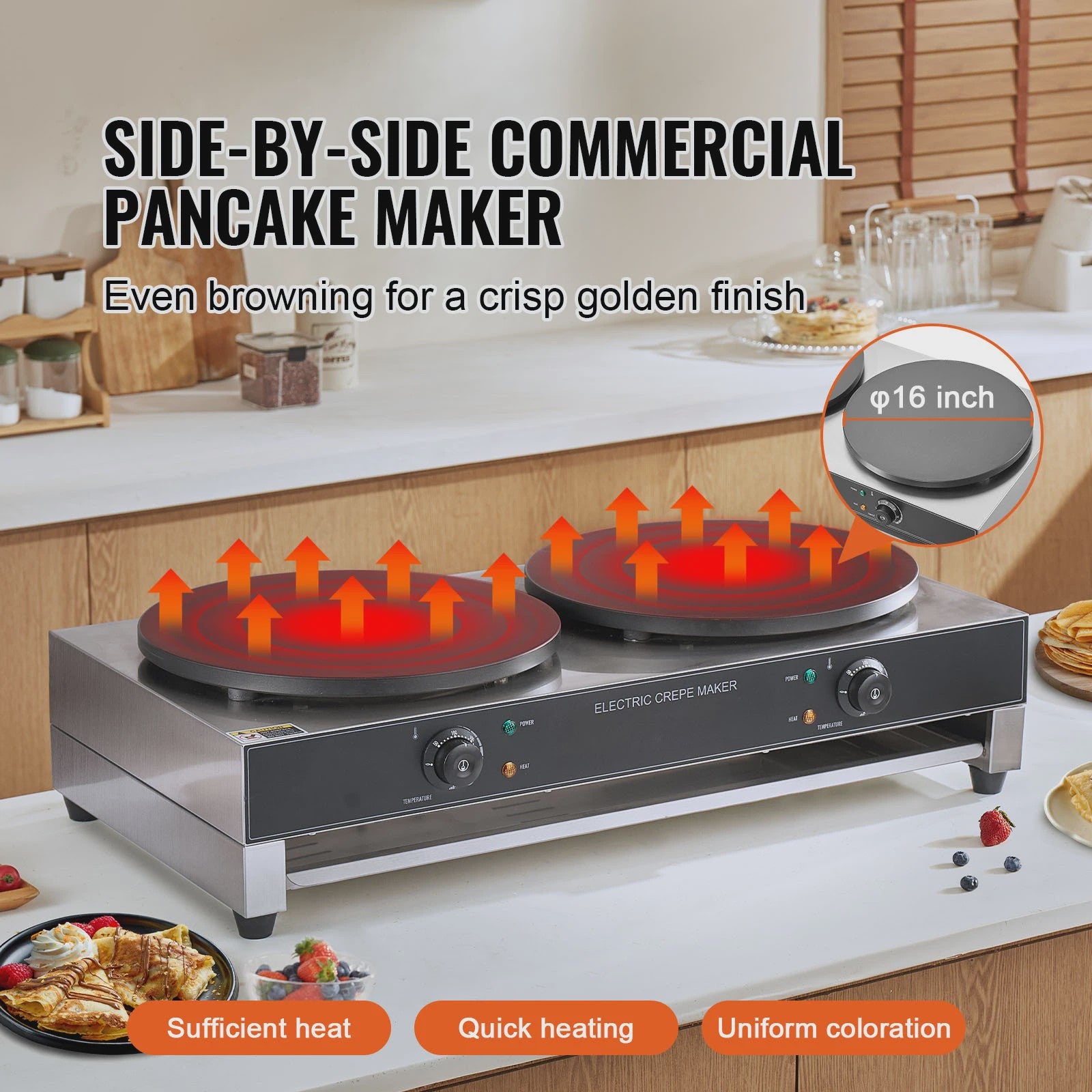 Professionele Dubbelkoppige Crêpemaker 16 inch - 3400W Antiaanbaklaag