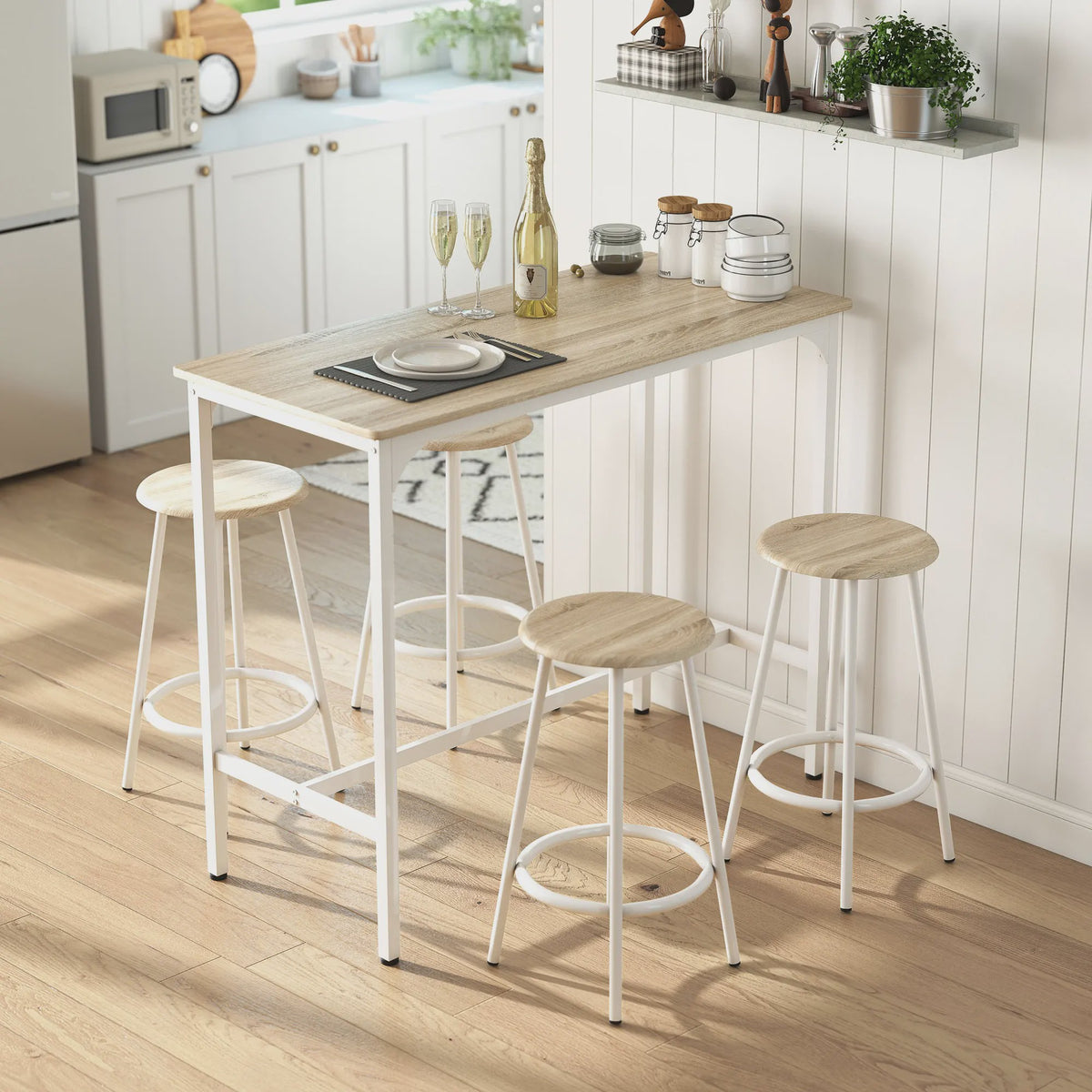 Homcom 5-Piece Bar Table and Chairs Set with Natural and White Metal Frame