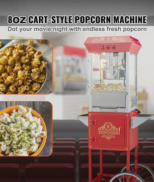 Professionele Popcorn Machine met Kar - 8oz Ketel, 48 Cups per Batch, Gehard Glas