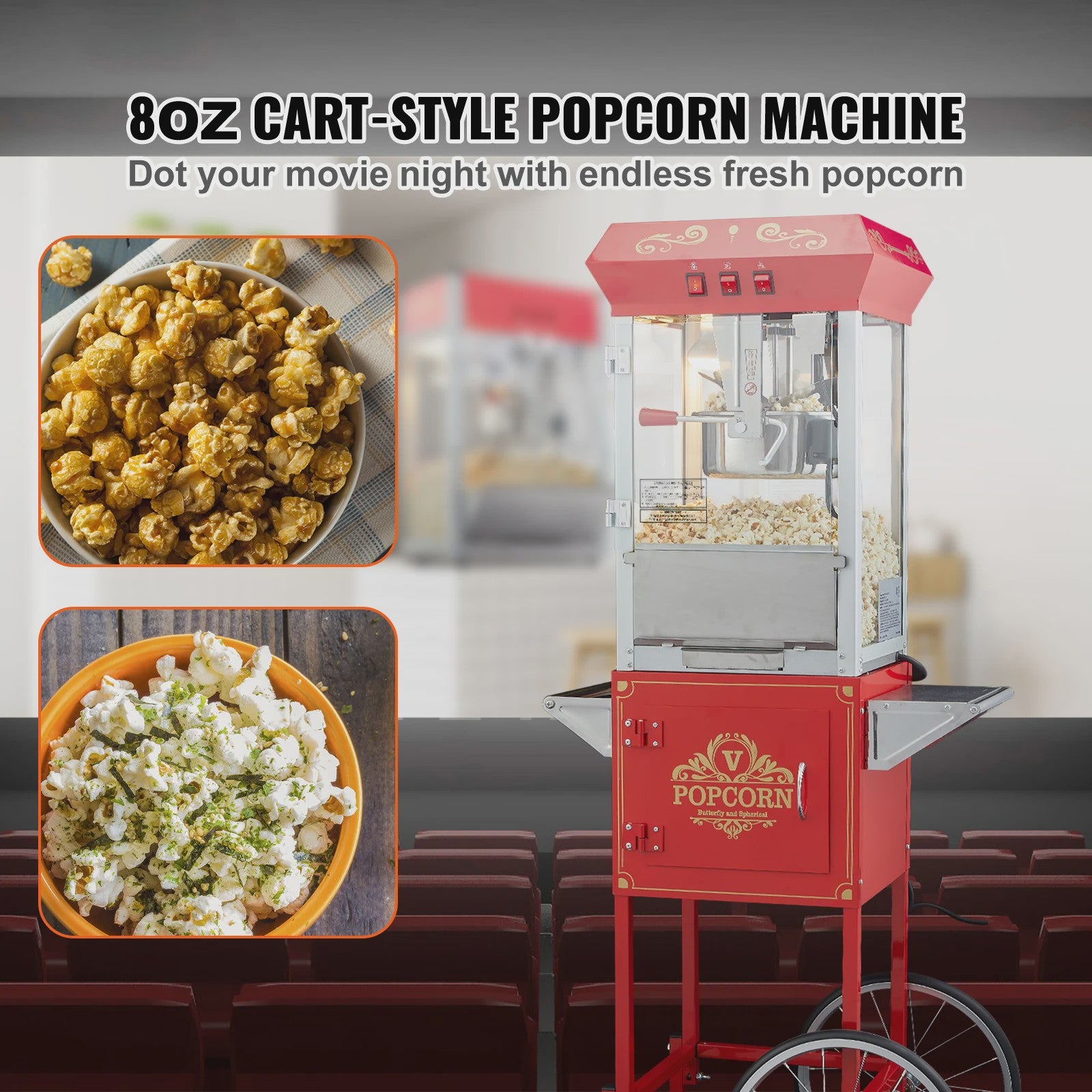 Professionele Popcorn Machine met Kar - 8oz Ketel, 48 Cups per Batch, Gehard Glas