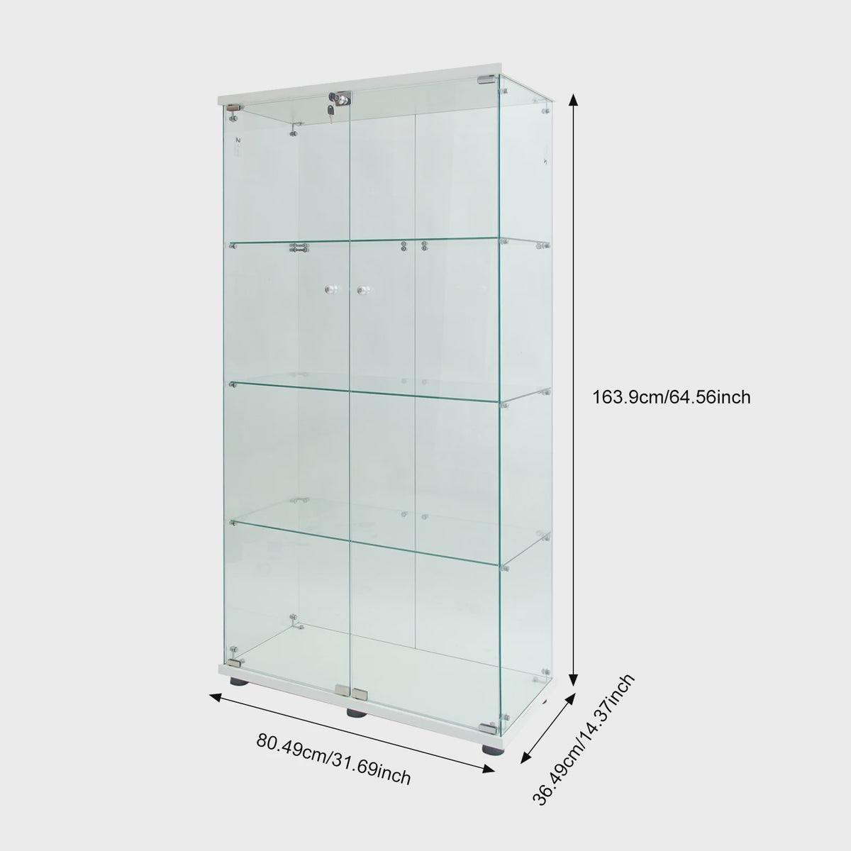Glazen Vitrinekast met LED Verlichting - 4 Planken, 2 Deuren - 80.5x36.5x164cm