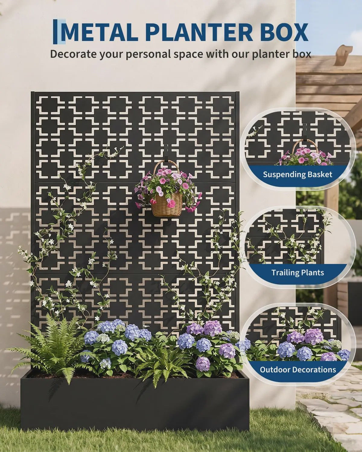 Metalen Plantenbak met Geometrisch Trellis Scherm - 180 cm Hoog