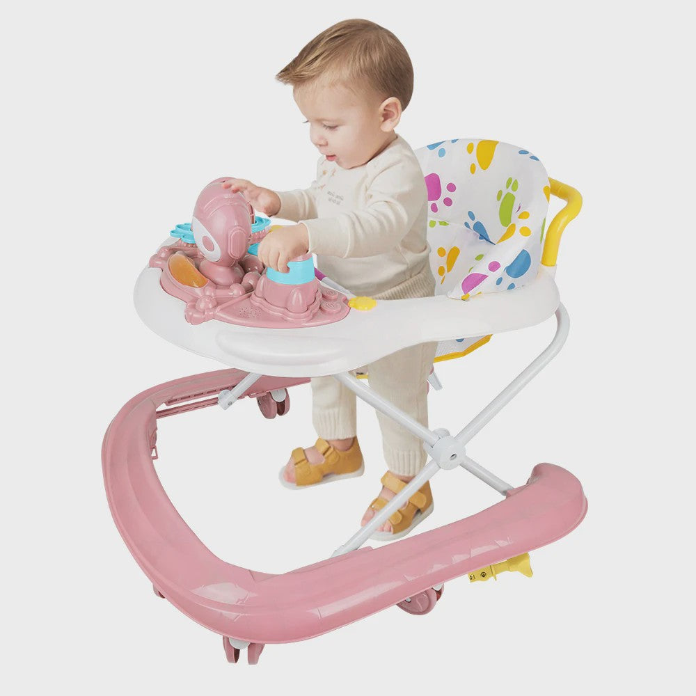 3-in-1 Opvouwbare Baby Walker met Zonnekap, Speelblad en 360° Wielen - Vanaf 6 Maanden
