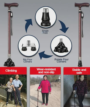 Verstelbare Aluminium Wandelstok met LED-lamp en Anti-slip Vierpoot