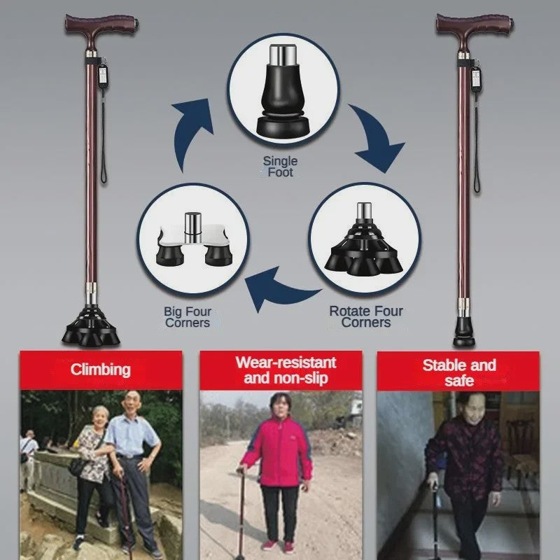 Verstelbare Aluminium Wandelstok met LED-lamp en Anti-slip Vierpoot