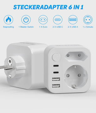 6-in-1 Reisadapter met USB-C, USB-A, Schuko & Euro Stekker - 17W Snelladen