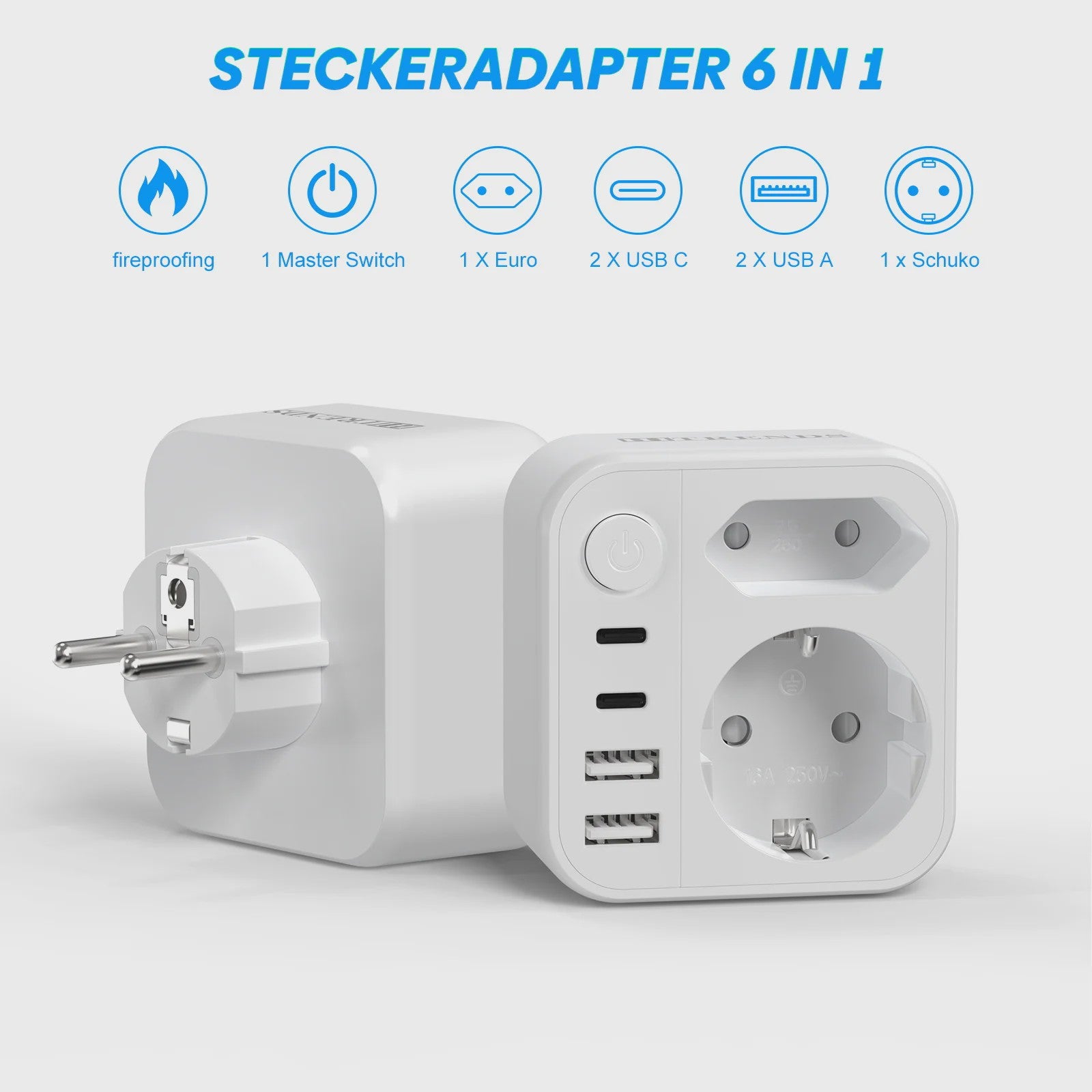 6-in-1 Reisadapter met USB-C, USB-A, Schuko & Euro Stekker - 17W Snelladen