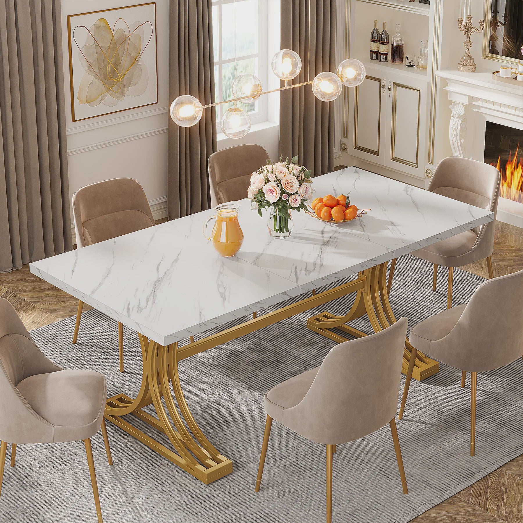 Moderne Marmerlook Eettafel voor 4-6 Personen - Stijlvol Wit Design (160cm)