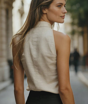 Mouwloze Linnenmix Top met Opstaande Kraag en V-hals - Relaxed Fit Blouse