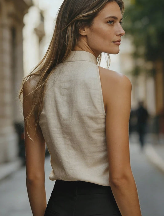 Mouwloze Linnenmix Top met Opstaande Kraag en V-hals - Relaxed Fit Blouse