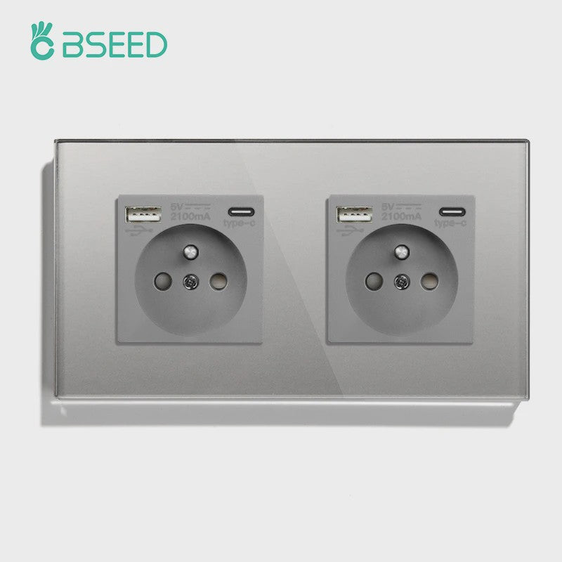 BSEED Wandcontactdoos met Dubbele USB & Type-C Poorten - Stijlvol Glazen Frame
