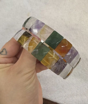 Natuurlijke Edelsteen Armband - Fluoriet & Citrien Vierkante Kralen