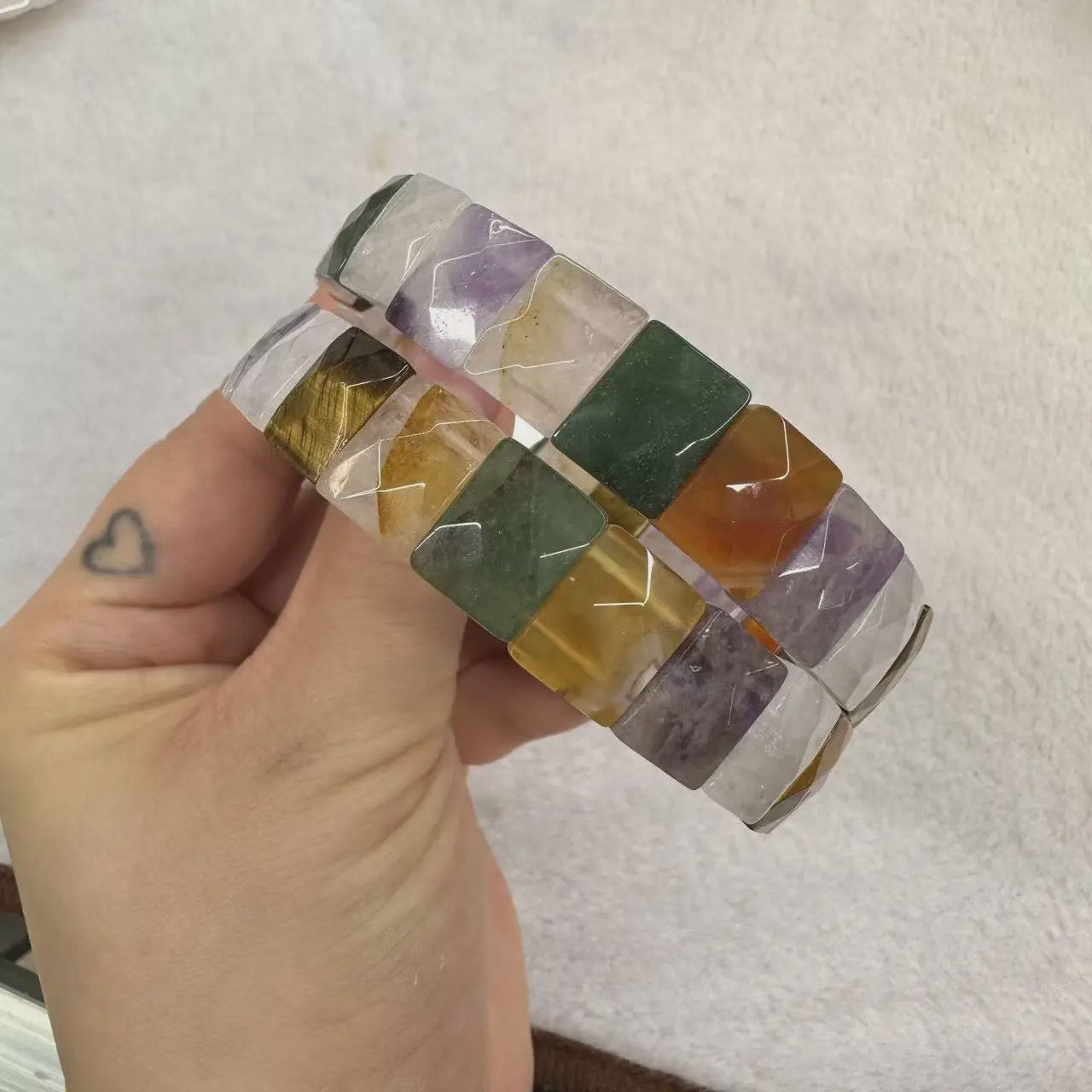 Natuurlijke Edelsteen Armband - Fluoriet & Citrien Vierkante Kralen