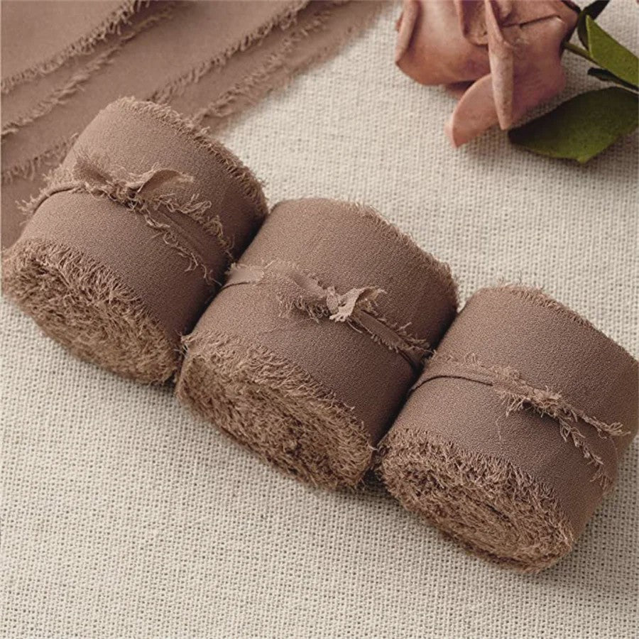 Handgemaakte Satijn Chiffon Lint Set - 3 Rollen van 5m met Rafeleffect voor Bruiloft, Cadeau & DIY Decoratie