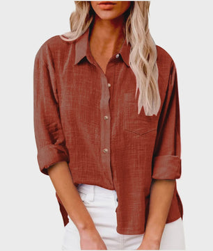 Dames Blouse met Lange Mouwen - Katoen Linnen Look