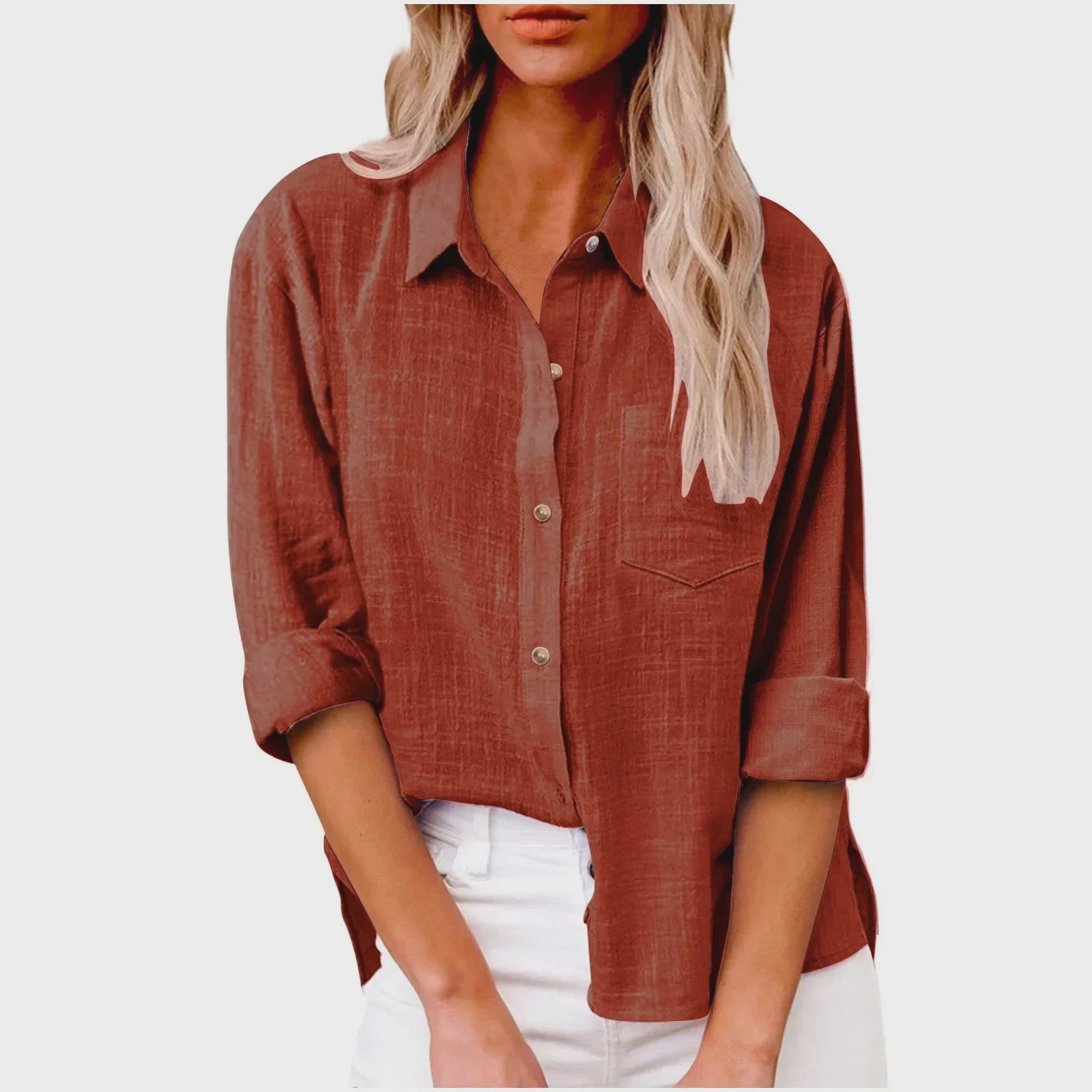 Dames Blouse met Lange Mouwen - Katoen Linnen Look