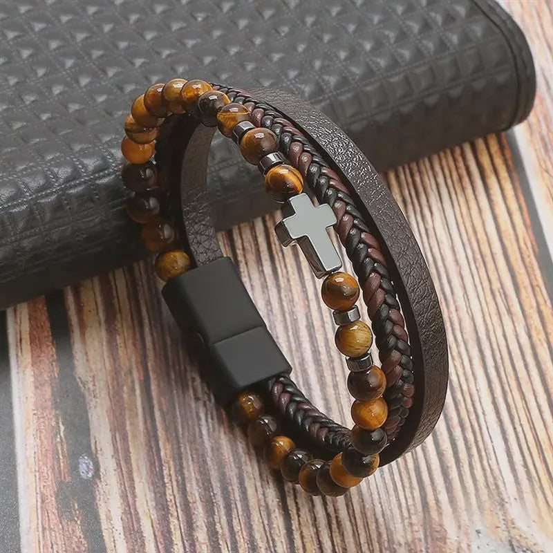Stijlvolle Heren Armband van Gevlochten Leer - Multi-layer Fashion Accessoire