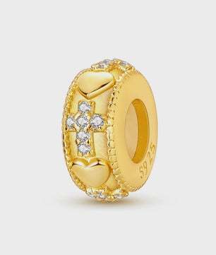 925 Sterling Zilveren Bedel: Gouden Strik met Roze Hart & Kruis met Oog van Horus