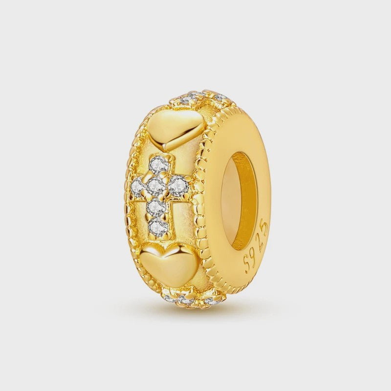 925 Sterling Zilveren Bedel: Gouden Strik met Roze Hart & Kruis met Oog van Horus