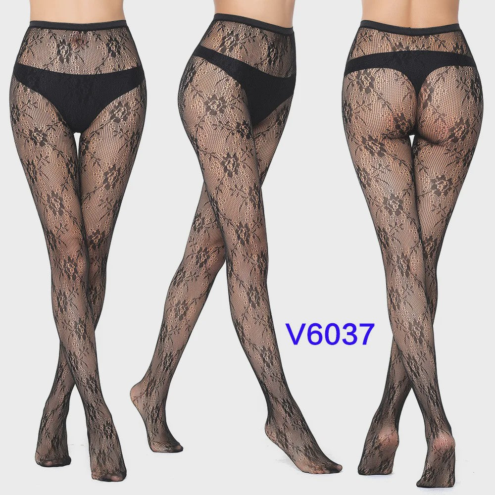 Dames Visnet Panty's met Jacquard Weefsel - Gothic Kant & Spider Net Stijl