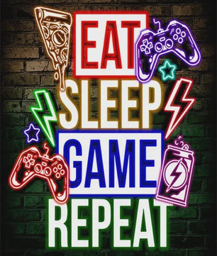 Gaming Neon Canvas Poster: Eat Sleep Game Repeat - Decoratie voor Gamer Kamer