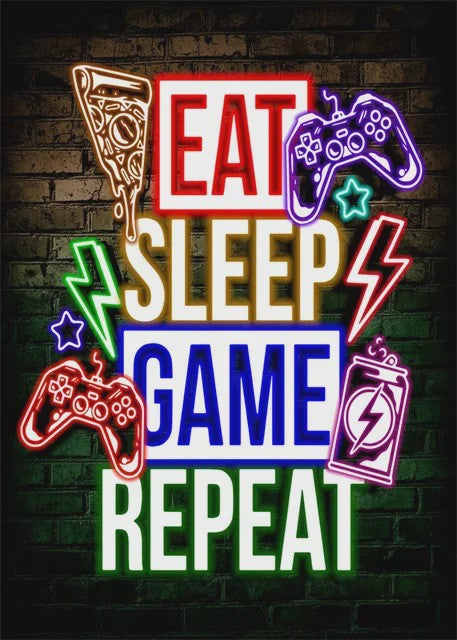 Gaming Neon Canvas Poster: Eat Sleep Game Repeat - Decoratie voor Gamer Kamer