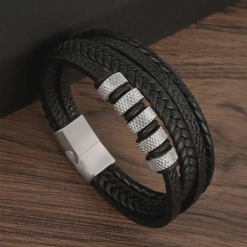 Stijlvolle Heren Armband van Gevlochten Leer - Multi-layer Fashion Accessoire