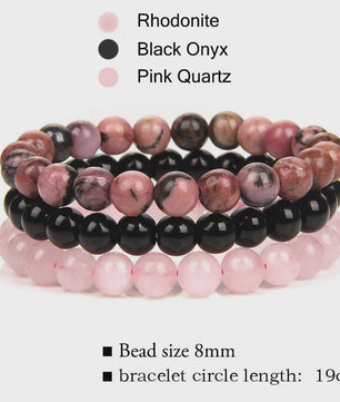 Set van 3 Natuursteen Armbanden: Rozenkwarts, Obsidiaan & Tijgeroog
