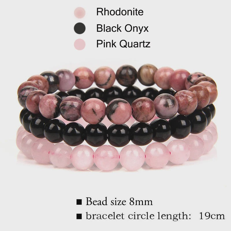 Set van 3 Natuursteen Armbanden: Rozenkwarts, Obsidiaan & Tijgeroog