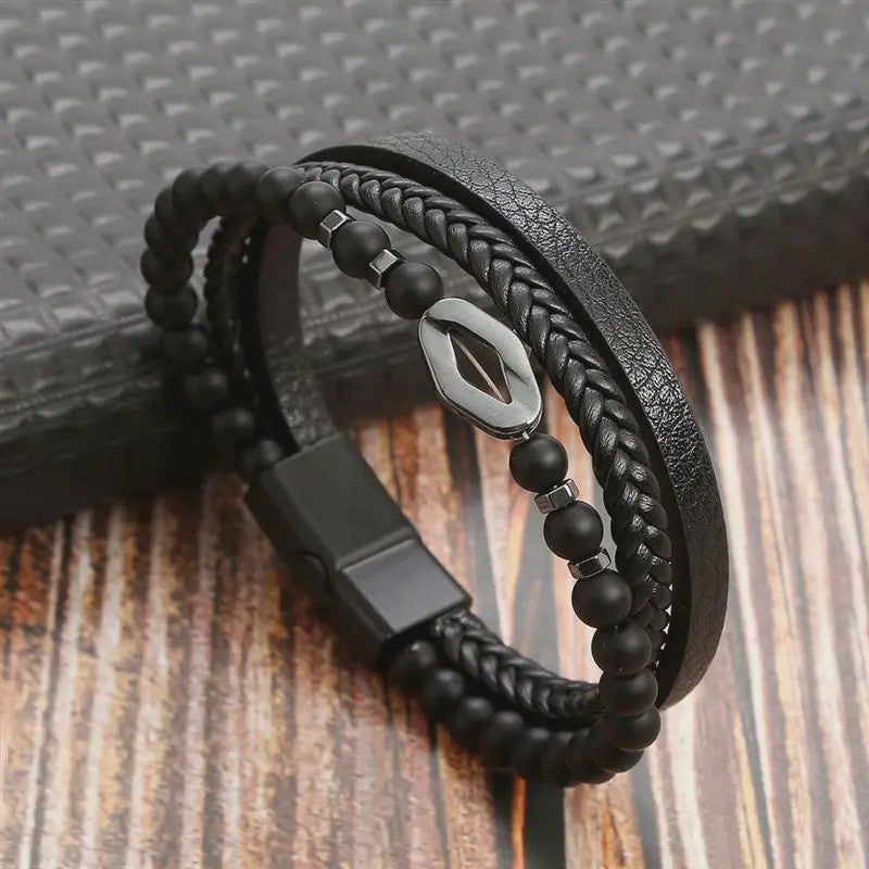 Stijlvolle Heren Armband van Gevlochten Leer - Multi-layer Fashion Accessoire