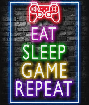 Gaming Neon Canvas Poster: Eat Sleep Game Repeat - Decoratie voor Gamer Kamer