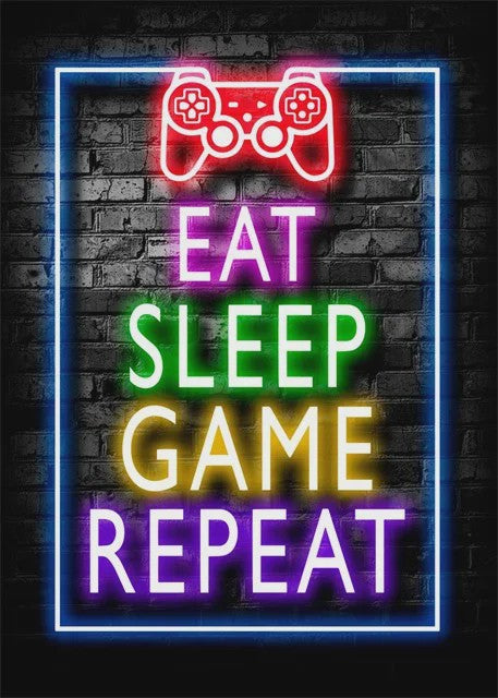 Gaming Neon Canvas Poster: Eat Sleep Game Repeat - Decoratie voor Gamer Kamer