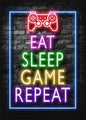 Gaming Neon Canvas Poster: Eat Sleep Game Repeat - Decoratie voor Gamer Kamer