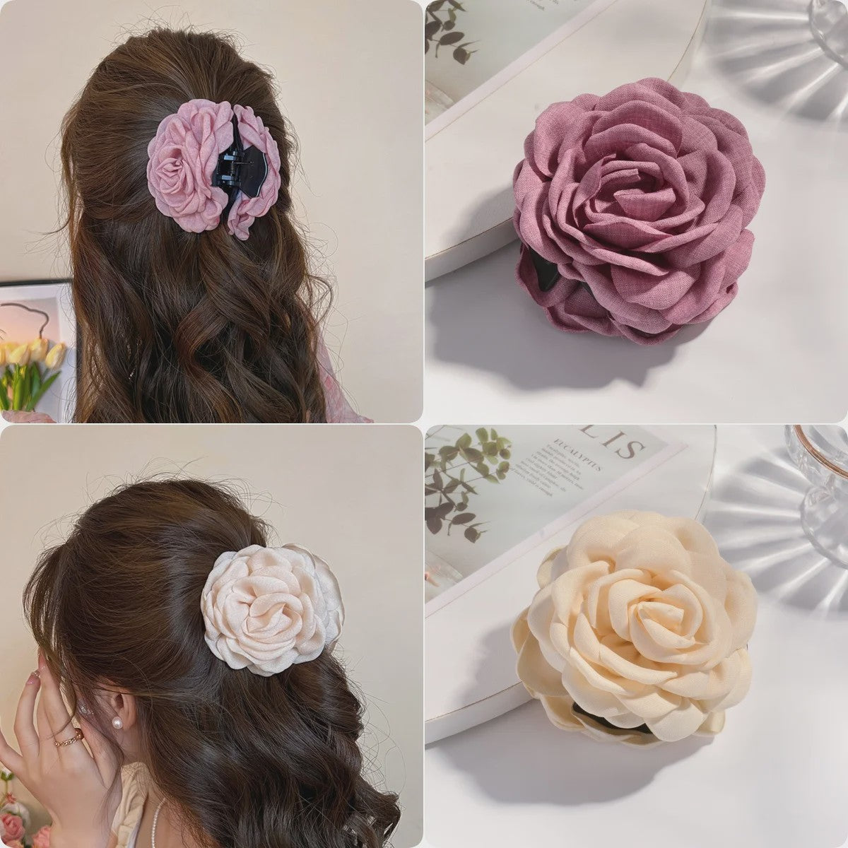 Bloem Haarclip Dames - Katoen Stof Rozen Klip - Medium Maat - Koreaanse Stijl Haarsieraad