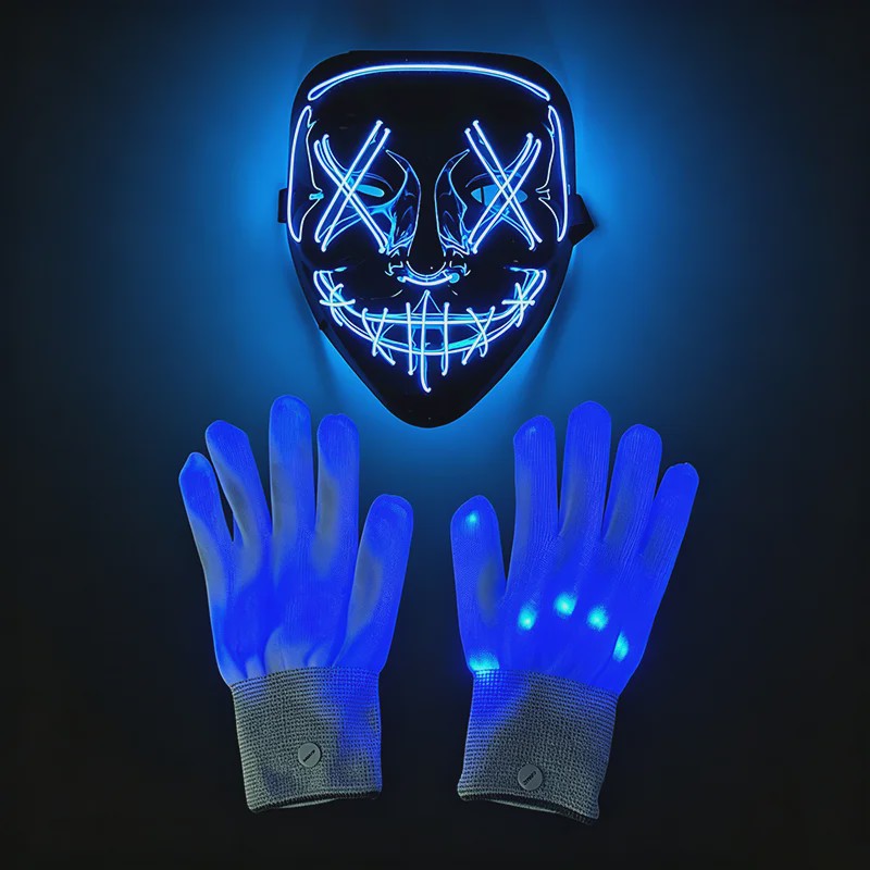 Verlicht LED Neon Purge Masker met Fiber Optic Handschoenen - Halloween & Feest