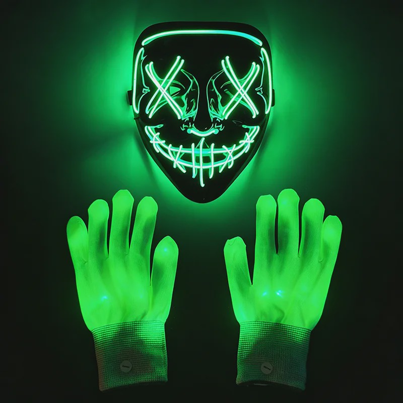 Verlicht LED Neon Purge Masker met Fiber Optic Handschoenen - Halloween & Feest