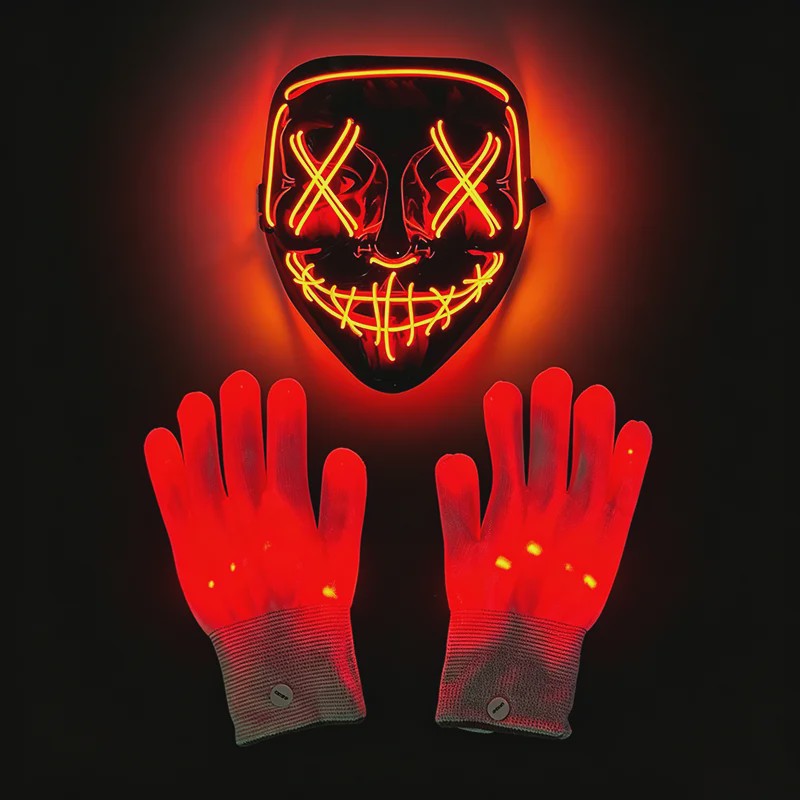 Verlicht LED Neon Purge Masker met Fiber Optic Handschoenen - Halloween & Feest