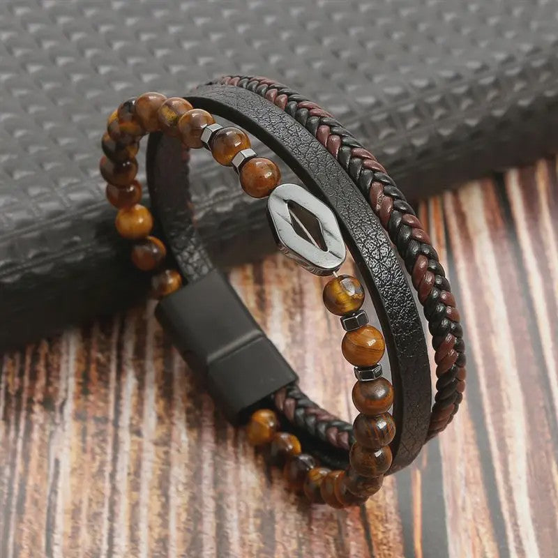 Stijlvolle Heren Armband van Gevlochten Leer - Multi-layer Fashion Accessoire